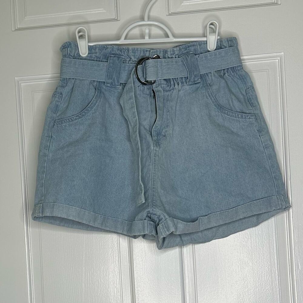Cotton On Paper Bag High Waisted Belted Light Wash Denim Shorts TJ1